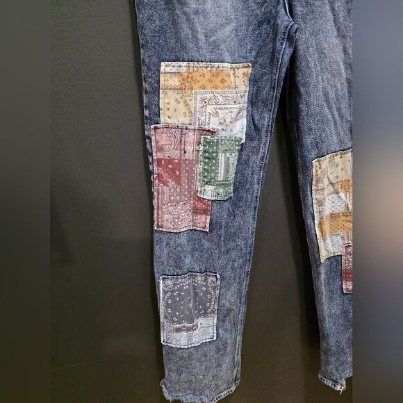 SO Super High Rise DAD Jeans Patchwork Raw Hem Acid Wash Sz 9/29W Junior Button - Picture 3 of 15